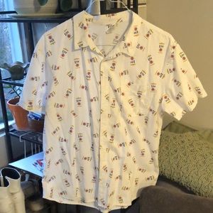 Men’s XL all over print miller lite short sleeve dress shirt- fits like a large